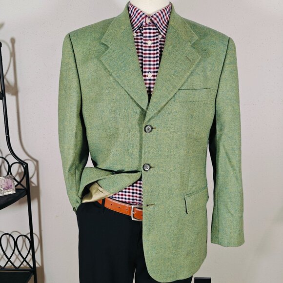 1884 Giesso Men's Tweed Sport Coat Blazer Herringbone 120s‎ Wool Green Size  43L - Picture 1 of 16
